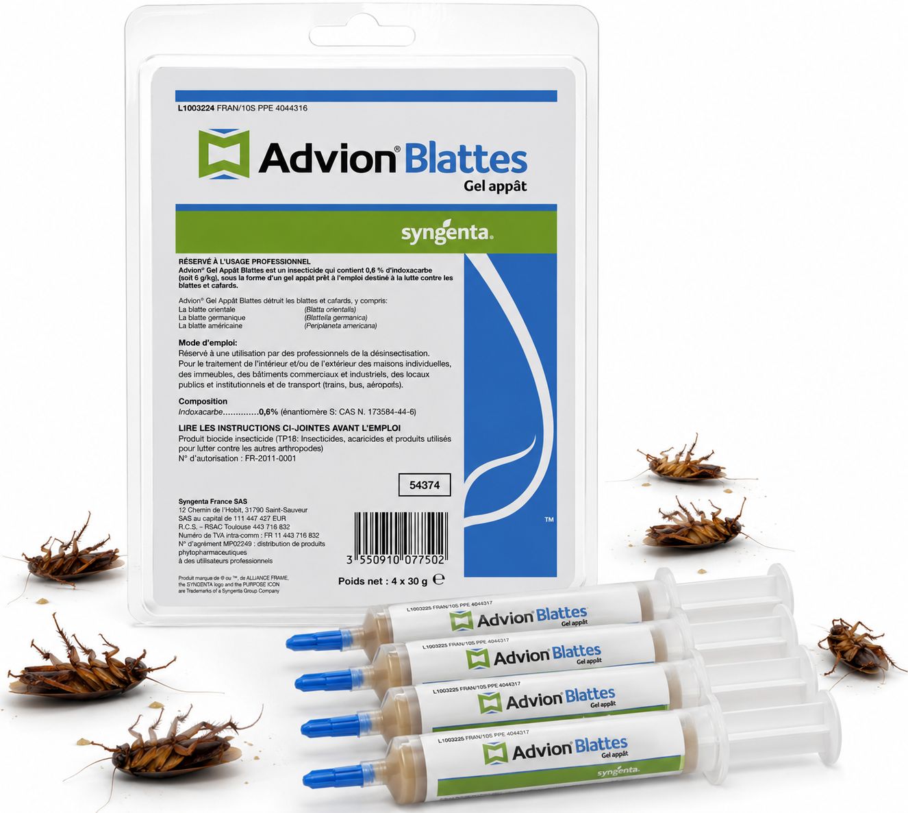 Blister officiel Syngenta 4 seringues x 30g d'Advion Gel Blattes - Gel appat insecticide professionnel indoxacarbe 0,6% contre blattes - AMM FR-2011-0001