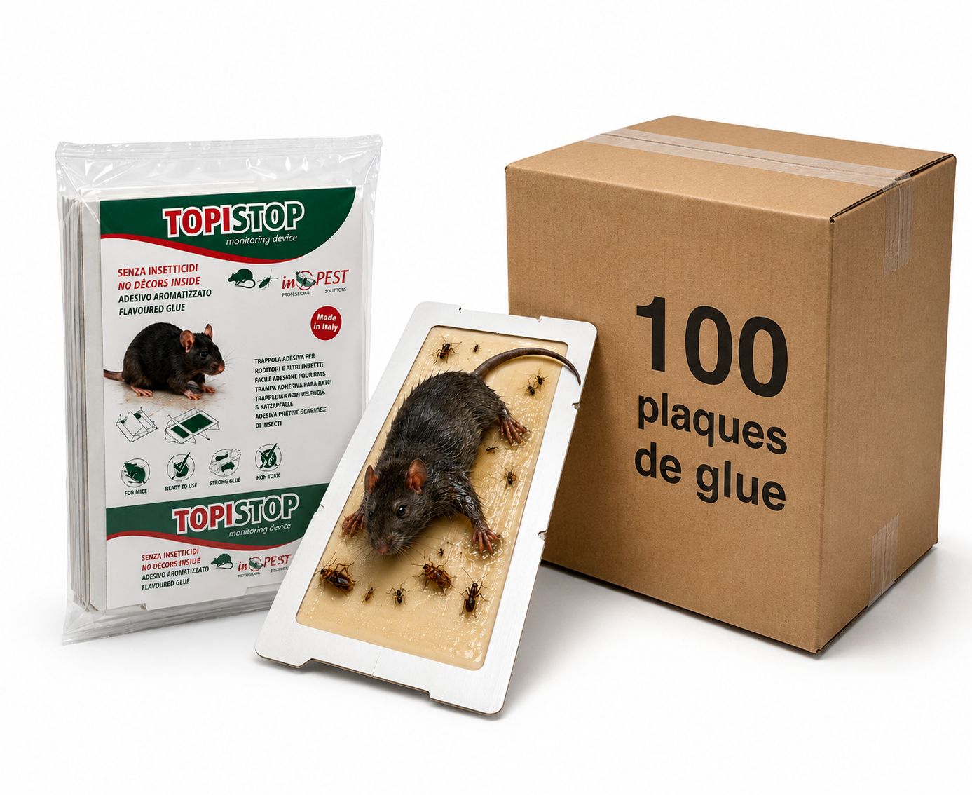 Carton de 100 plaques de glu TopiStop InPest - Trappe adhesive aromatisee pour souris et insectes rampants - Sans insecticide - Made in Italy - Format pro volume