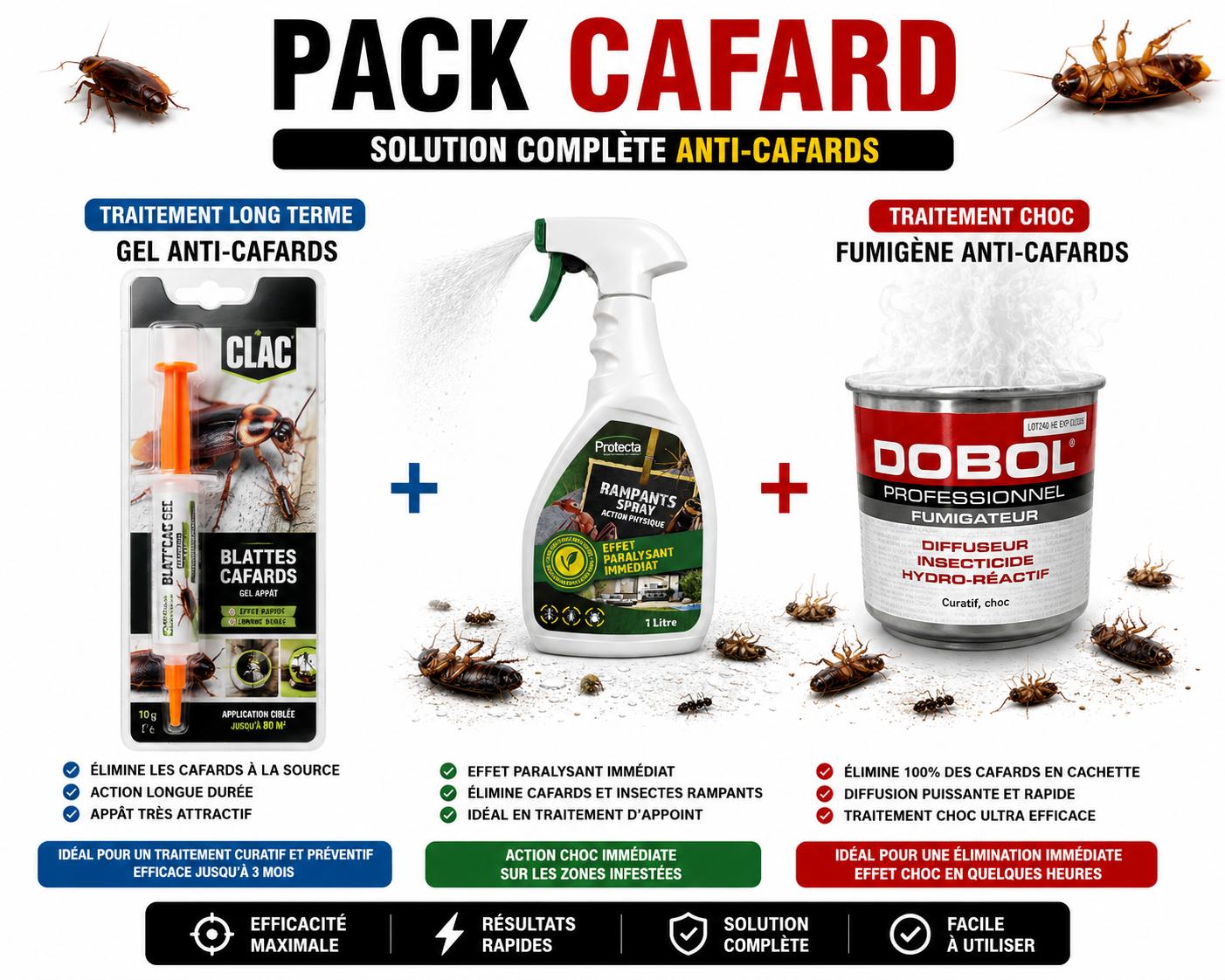 Pack Cafards solution complete anti-cafards : gel appat Blat'Clac longue duree + spray Protecta Rampants action immediate + fumigene Dobol traitement choc