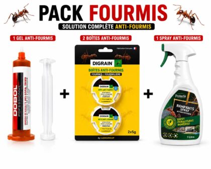 Pack Famille Fourmis solution complete : gel Dobol Professional + boites Digrain + spray Protecta Rampants. Vente libre particuliers.